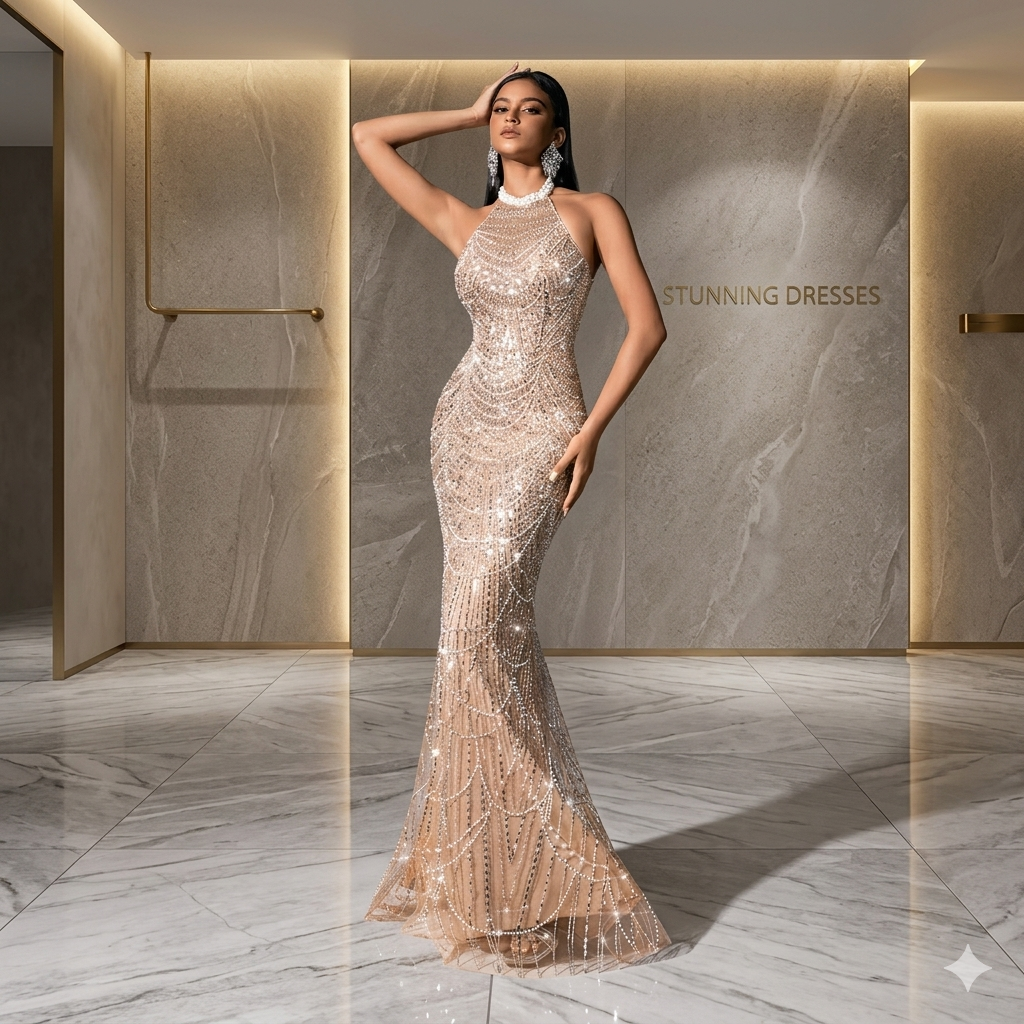 SDE3232 Elegant Beaded Sequin Halter Mermaid Evening Gown for Women | Maxi Dress