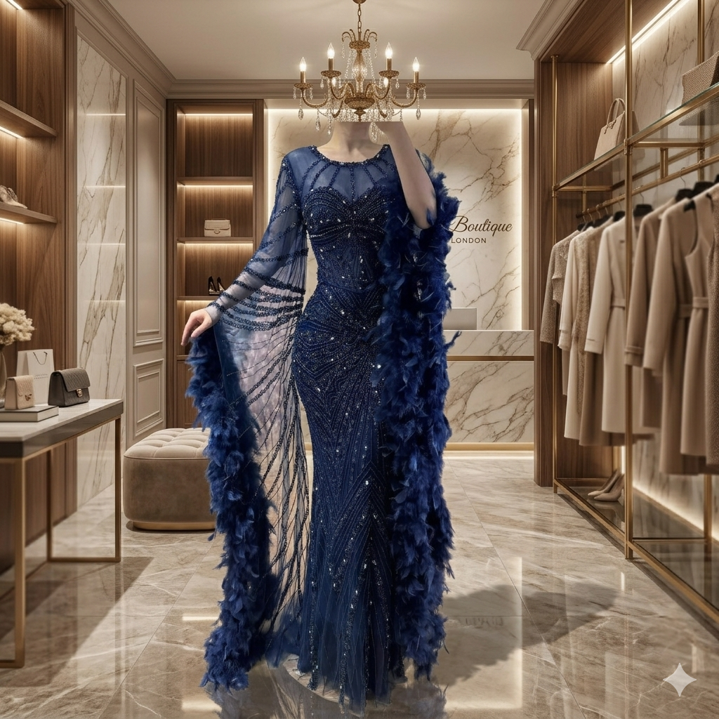 SDE5004 Stunning Customized Caramel Beaded Mermaid Evening Dress with Feather Cuffs for Formal Occasion