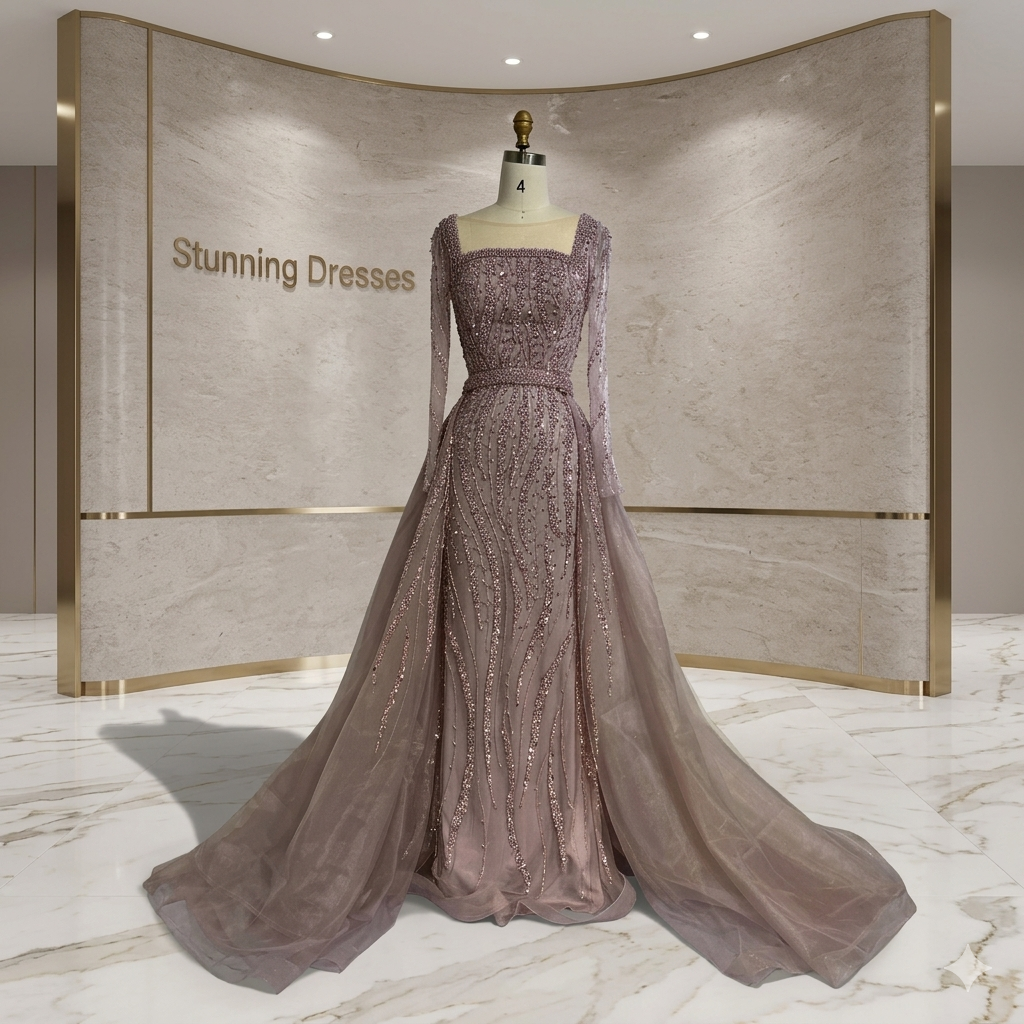 SDE5015 Luxury Arabic Green Mermaid Evening Dress with Overskirt & Beading
