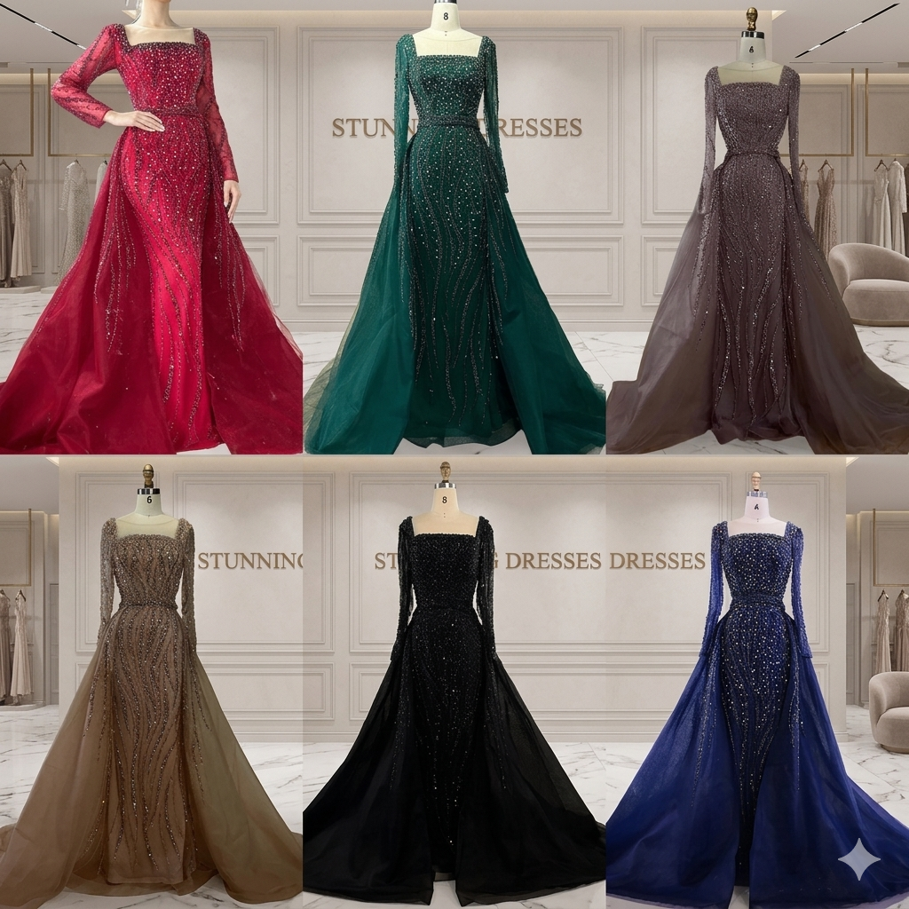 SDE5015 Luxury Arabic Green Mermaid Evening Dress with Overskirt & Beading