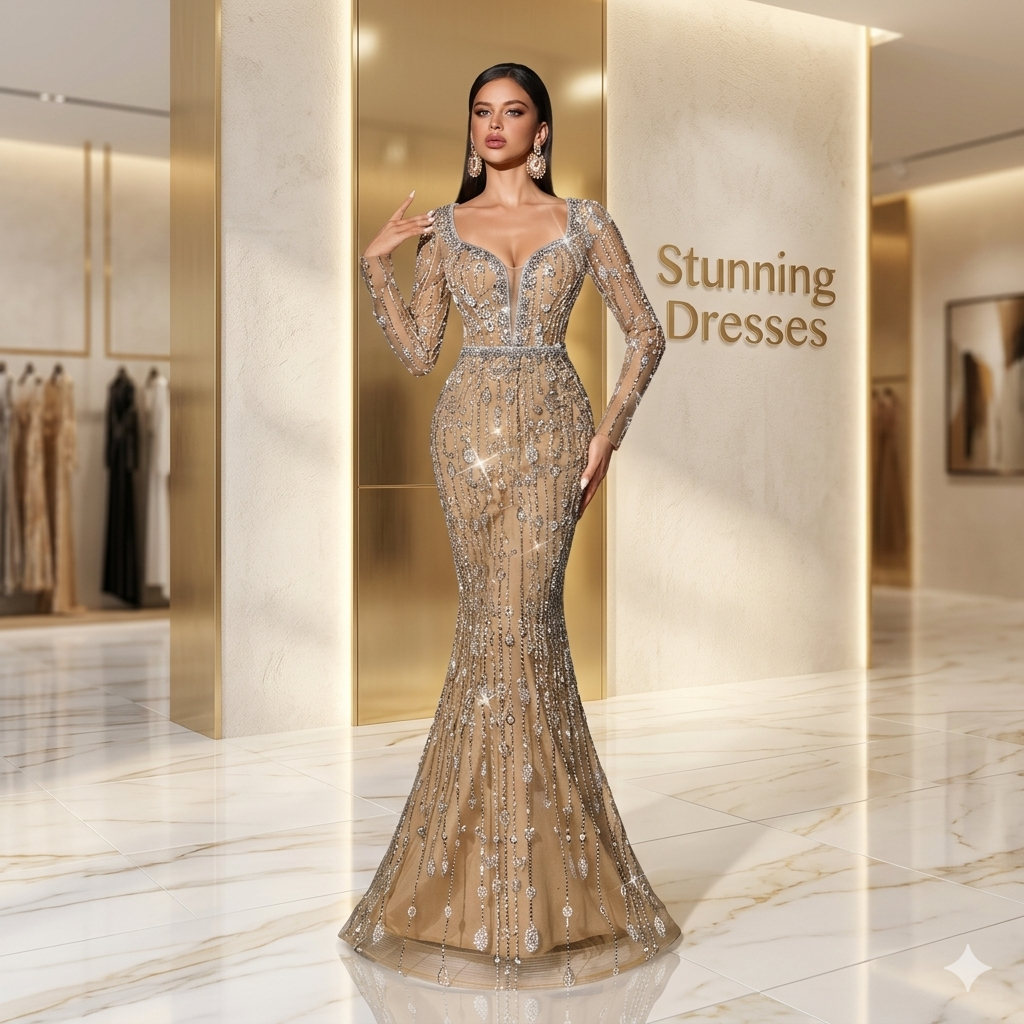 SDE3229 Elegant Sequin Deep V-Neck Evening Gown – Long Sleeve Luxury Party & Wedding Dress for Women