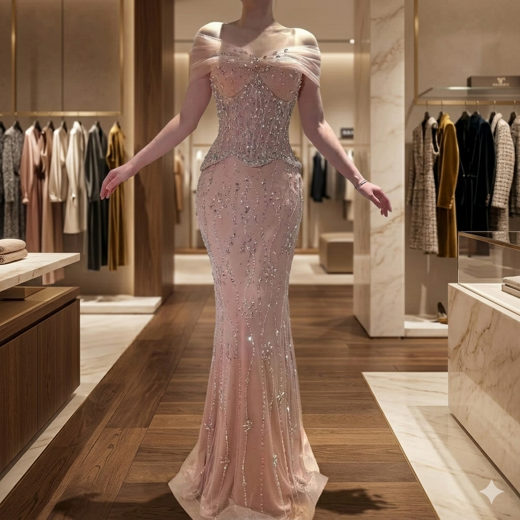 SDE5006 Stunning Luxury Nude Beaded Mermaid Evening Dress for Women Party | Customized Formal Gown