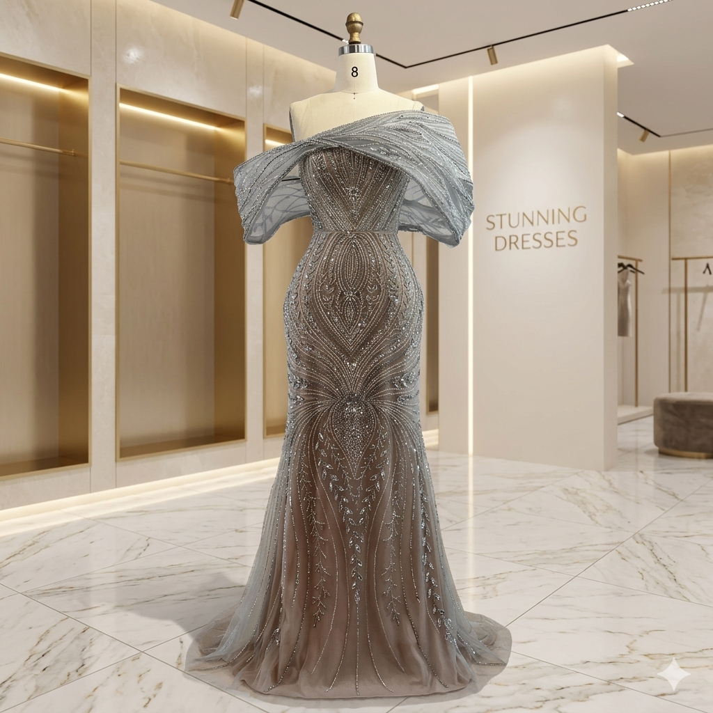 SDE5019 Customized Luxury Off Shoulder Silver Nude Beaded Mermaid Saudi Evening Dress Gown for Formal Occasion