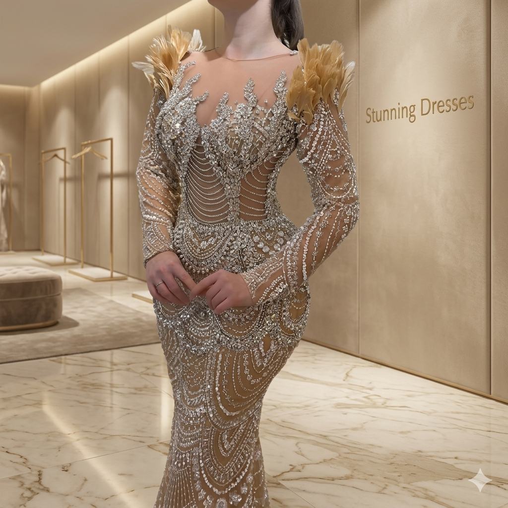 SDE5016 Evening Dress Luxury Nude Beaded Mermaid Gown with Feather Long Sleeves for Women Party