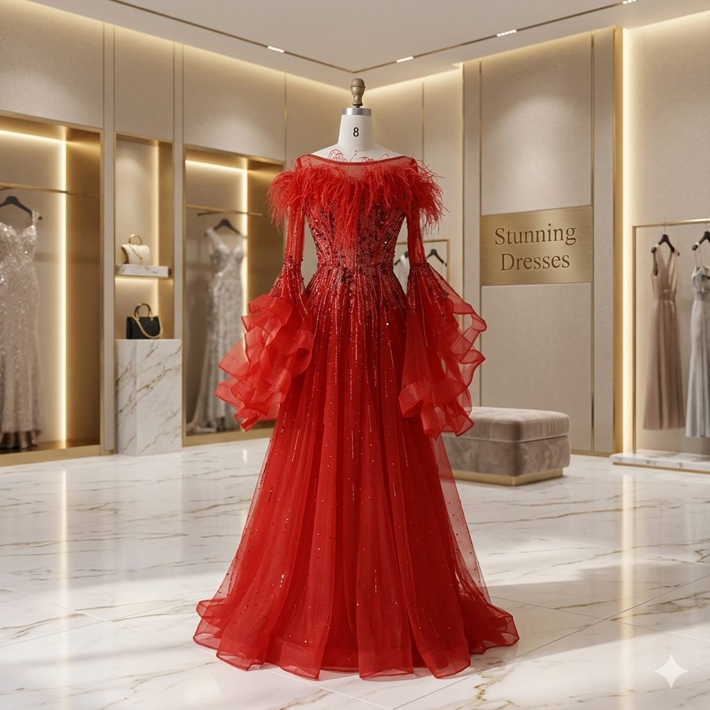 SDE5018 Luxury Red Feathered A-Line Evening Dress with Beaded Bodice & – Stunning Dresses