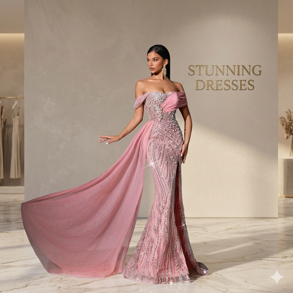 SDE3231 Fairy Style Pink Sequin Mermaid Evening Dress – Off Shoulder High Slit Wedding & Party Gown for Women