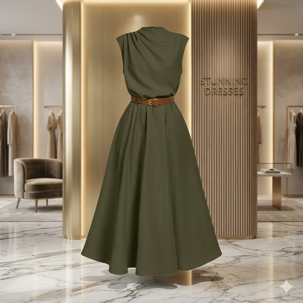 SDD4002 Women's Solid Color Sleeveless Belted Midi Dress – Olive Green Casual Summer Dress UK