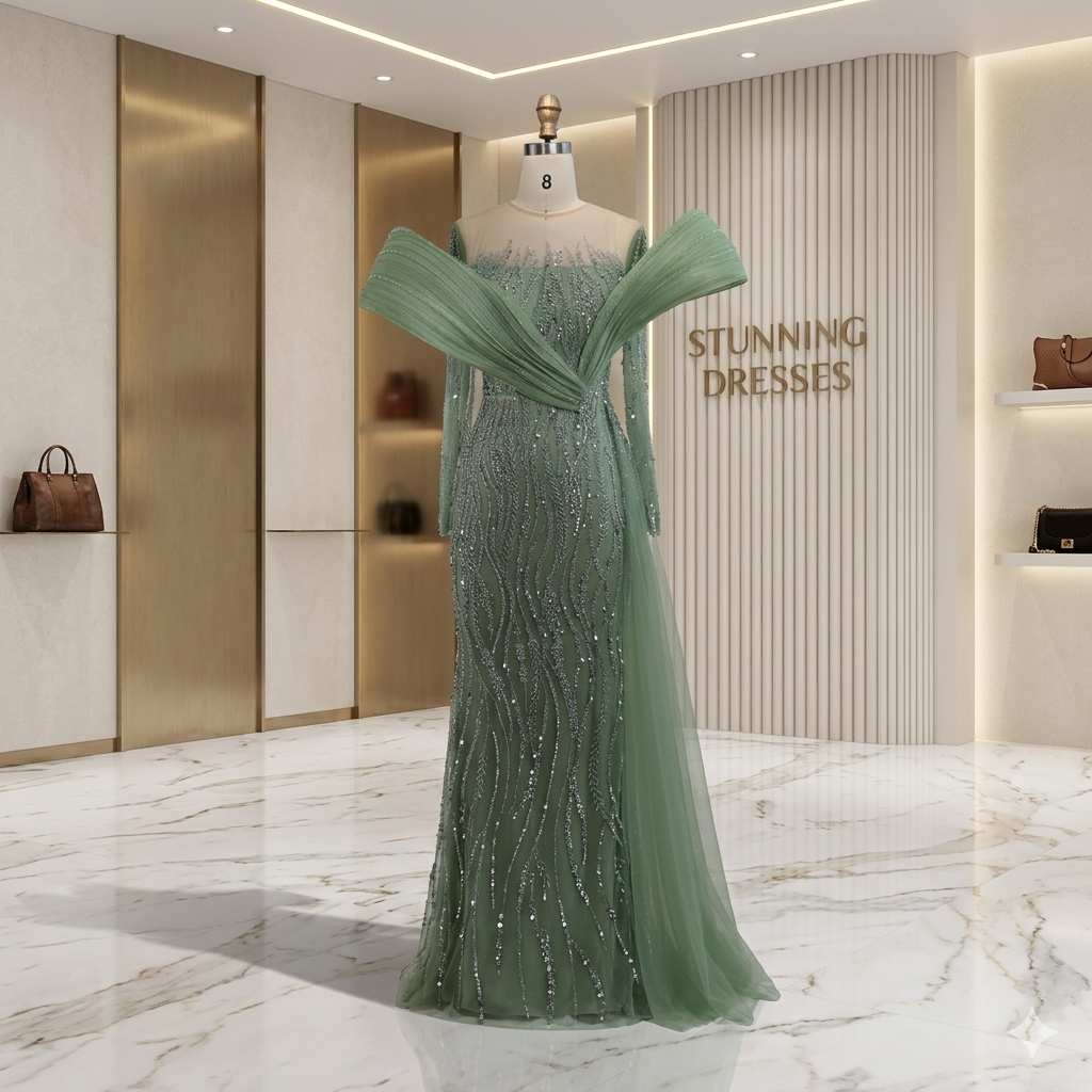 SDE5021 Elegant Beaded Sage Green Evening Dress Gown with Flowing Hem – Stunning Dresses