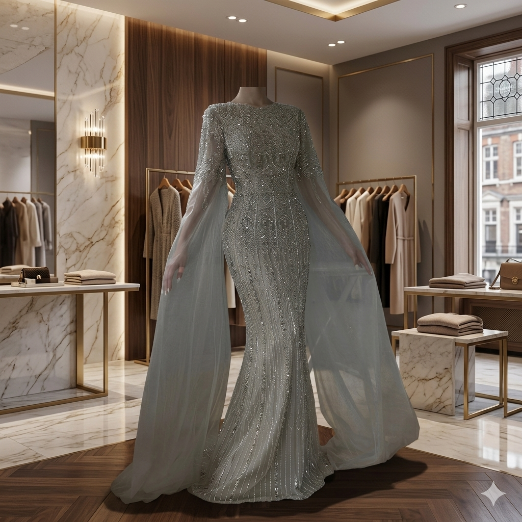 SDE5007 Luxury Saudi Arabia Caramel Mermaid Evening Gown with Cape Sleeves | Formal Dress