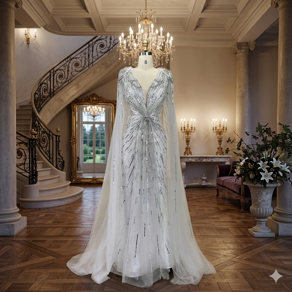 SDE5001  Stunning Dresses Turquoise Mermaid Evening Dress 2025 – Beaded Cape Sleeve Gown for Wedding & Party
