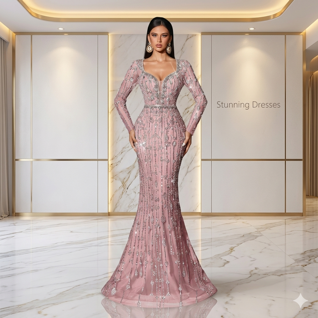 SDE3229 Elegant Sequin Deep V-Neck Evening Gown – Long Sleeve Luxury Party & Wedding Dress for Women