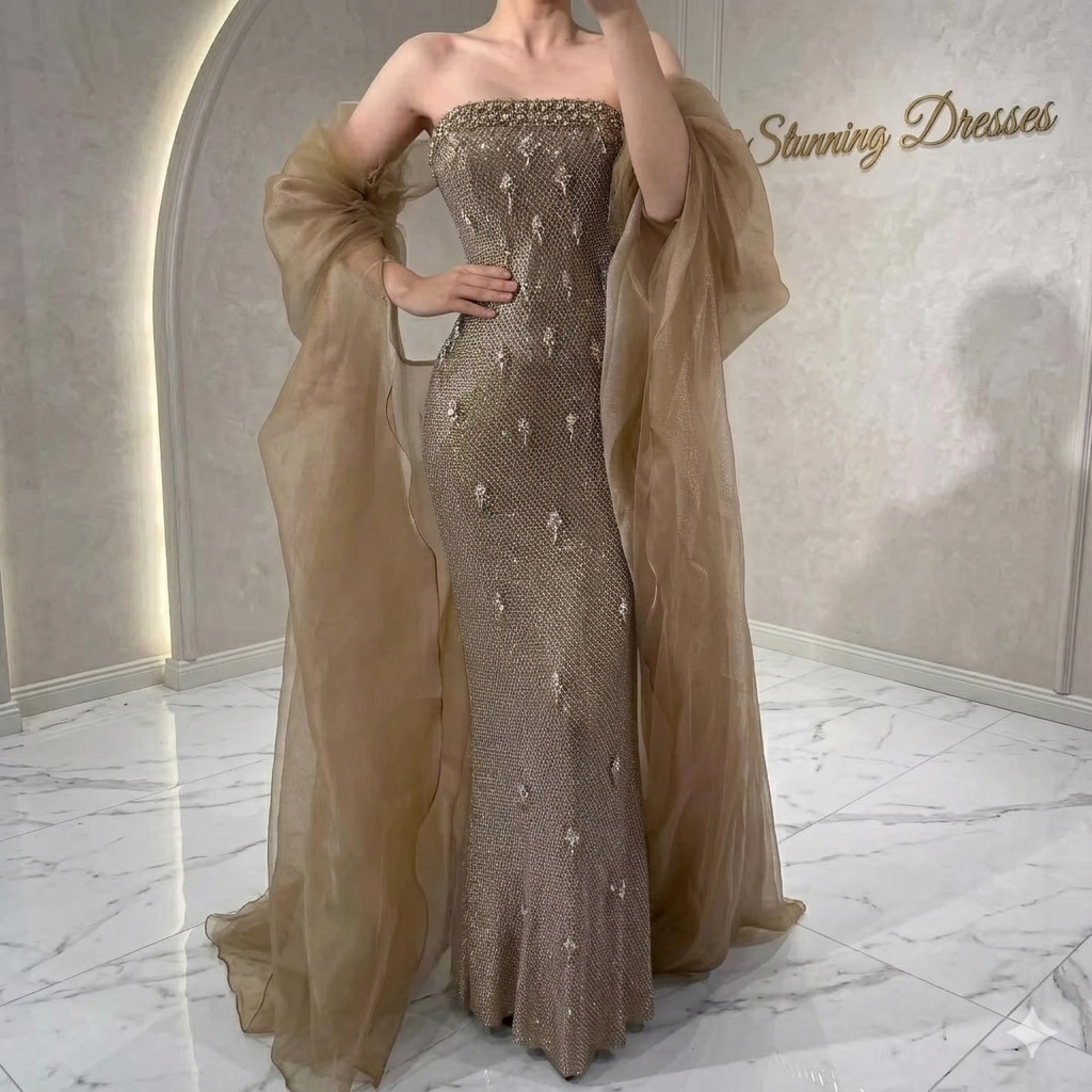SDE5011 Gold Crystal Beaded Mermaid Evening Dress with Cape | Luxury Formal Gown