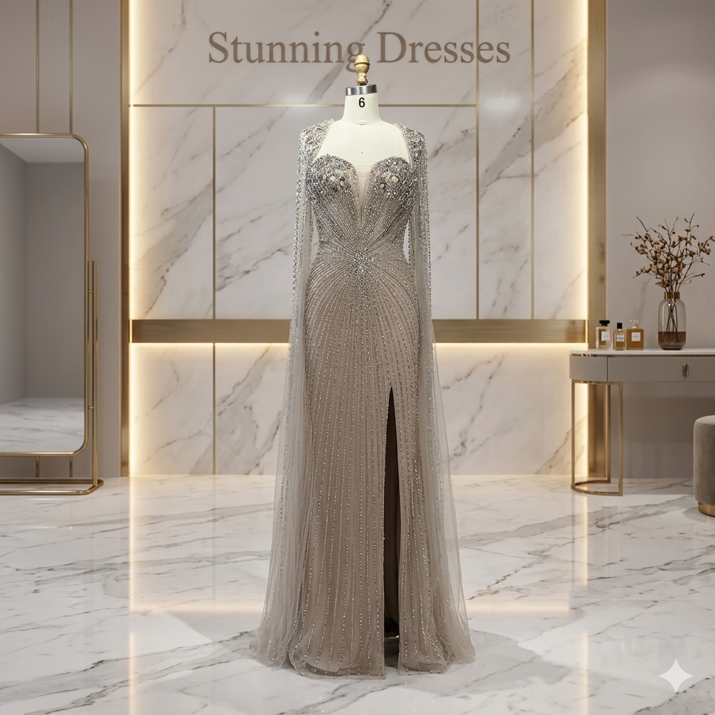 SDE5009 Arabic Silver Nude Beaded Evening Dress with Cape Sleeves | Luxury Wedding Party Gown