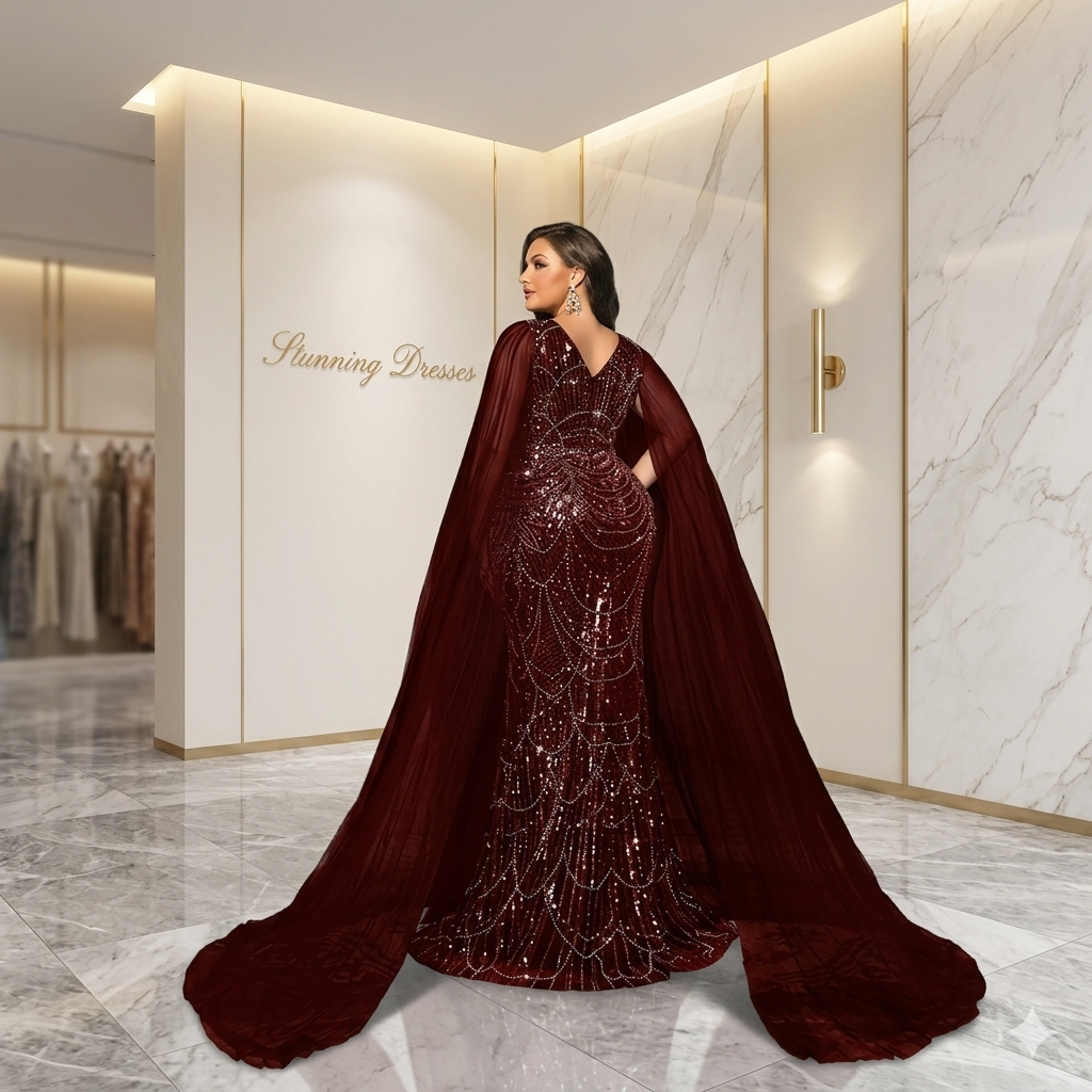 SDE3234 Plus Size Women's Elegant Deep V-Neck Contrast Color Sequin Mermaid Maxi Dress with Cape Sleeves for Wedding & Party