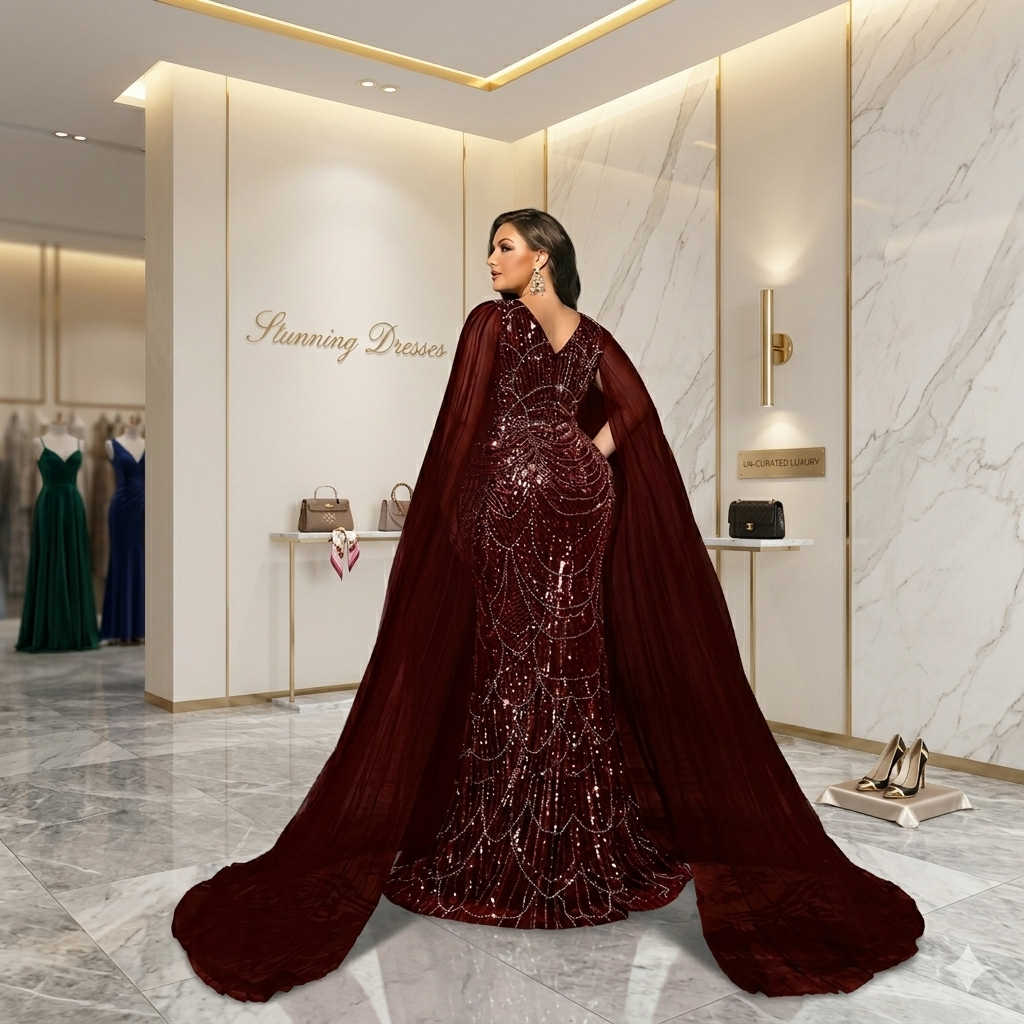 SDE3234 Plus Size Women's Elegant Deep V-Neck Contrast Color Sequin Mermaid Maxi Dress with Cape Sleeves for Wedding & Party
