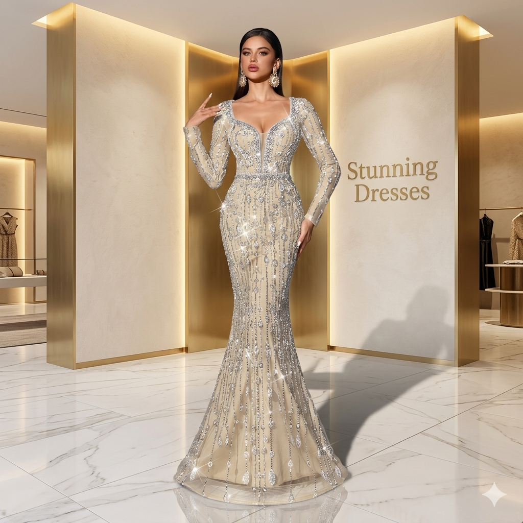 SDE3229 Elegant Sequin Deep V-Neck Evening Gown – Long Sleeve Luxury Party & Wedding Dress for Women