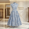 SDD4003 Elegant White & Blue Floral Summer Dress – Chinese Style Buckle Detail Wedding Guest Midi Dress UK