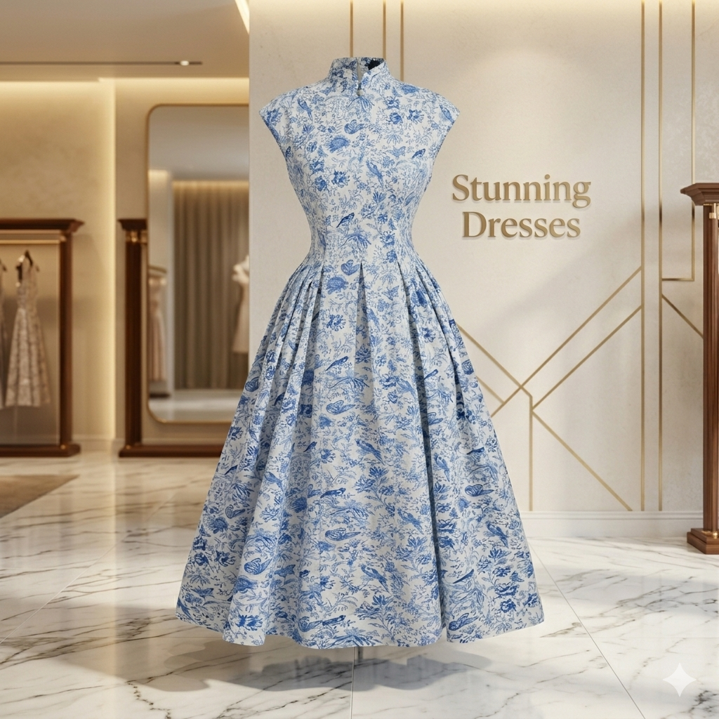 SDD4003 Elegant White & Blue Floral Summer Dress – Chinese Style Buckle Detail Wedding Guest Midi Dress UK