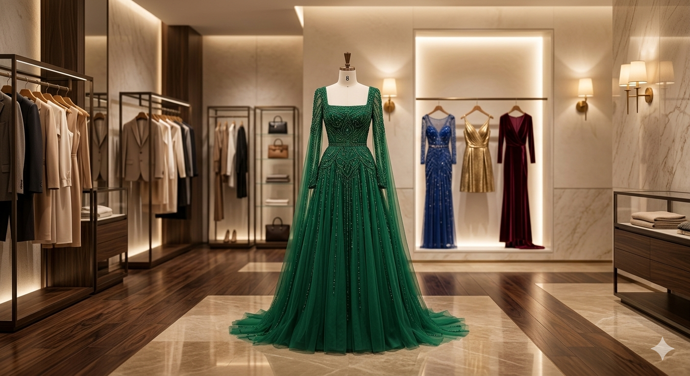 SDE5008 Dark Green A-Line Evening Dress with Beaded Cape Sleeves | Luxury Formal Gown