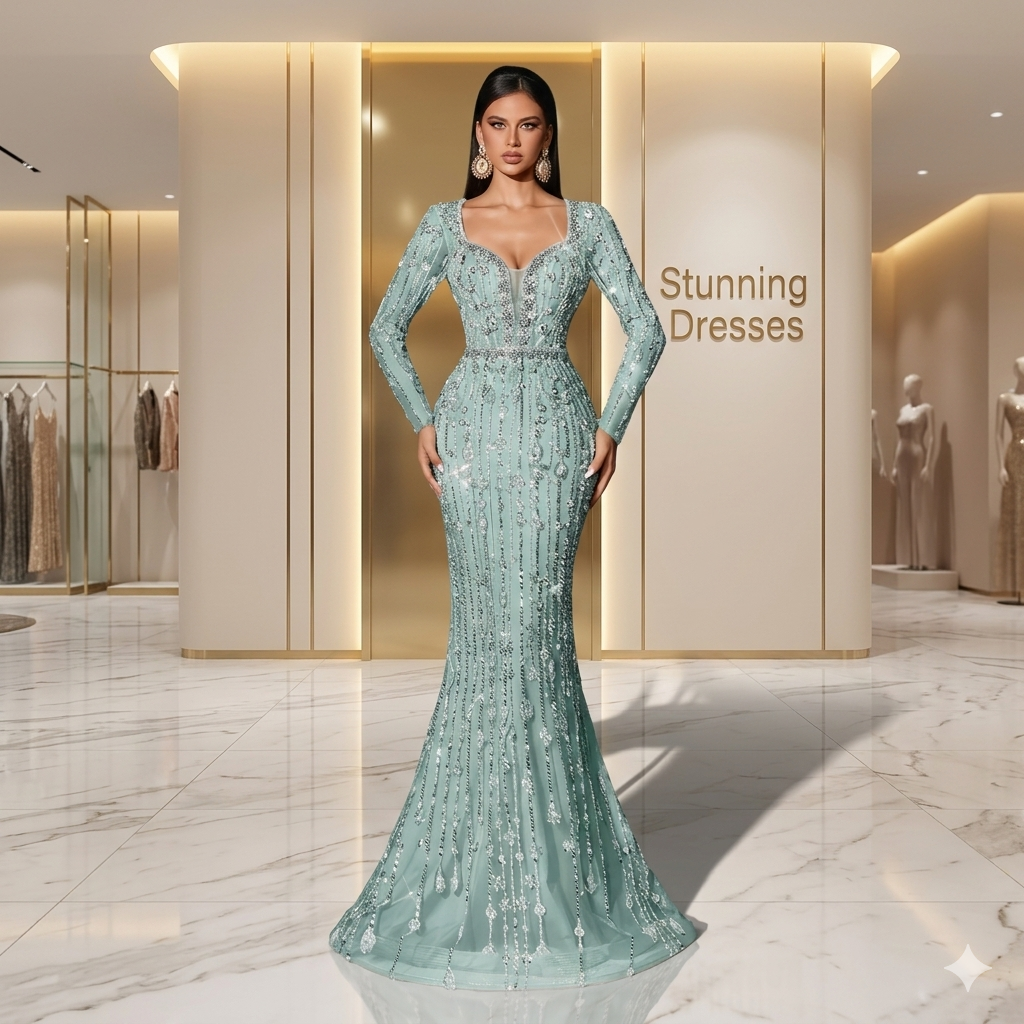 SDE3229 Elegant Sequin Deep V-Neck Evening Gown – Long Sleeve Luxury Party & Wedding Dress for Women
