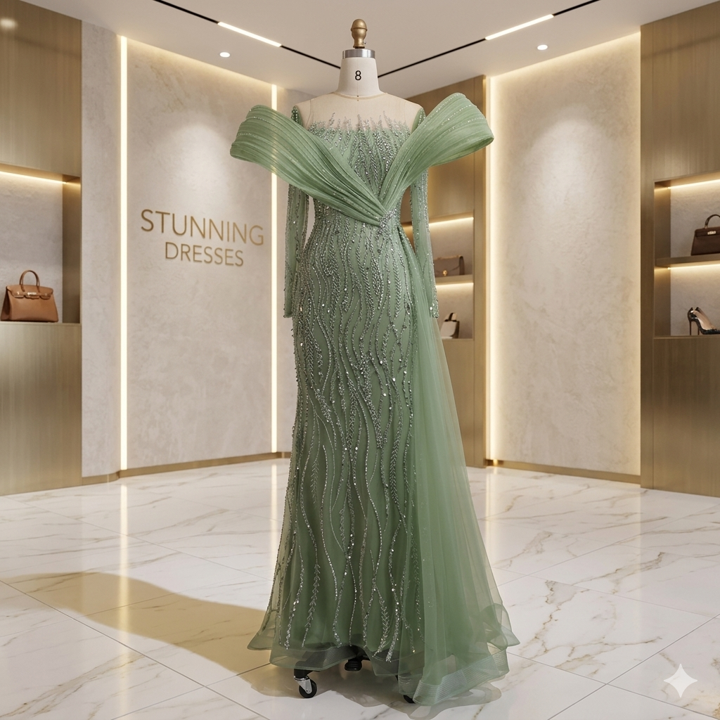 SDE5021 Elegant Beaded Sage Green Evening Dress Gown with Flowing Hem