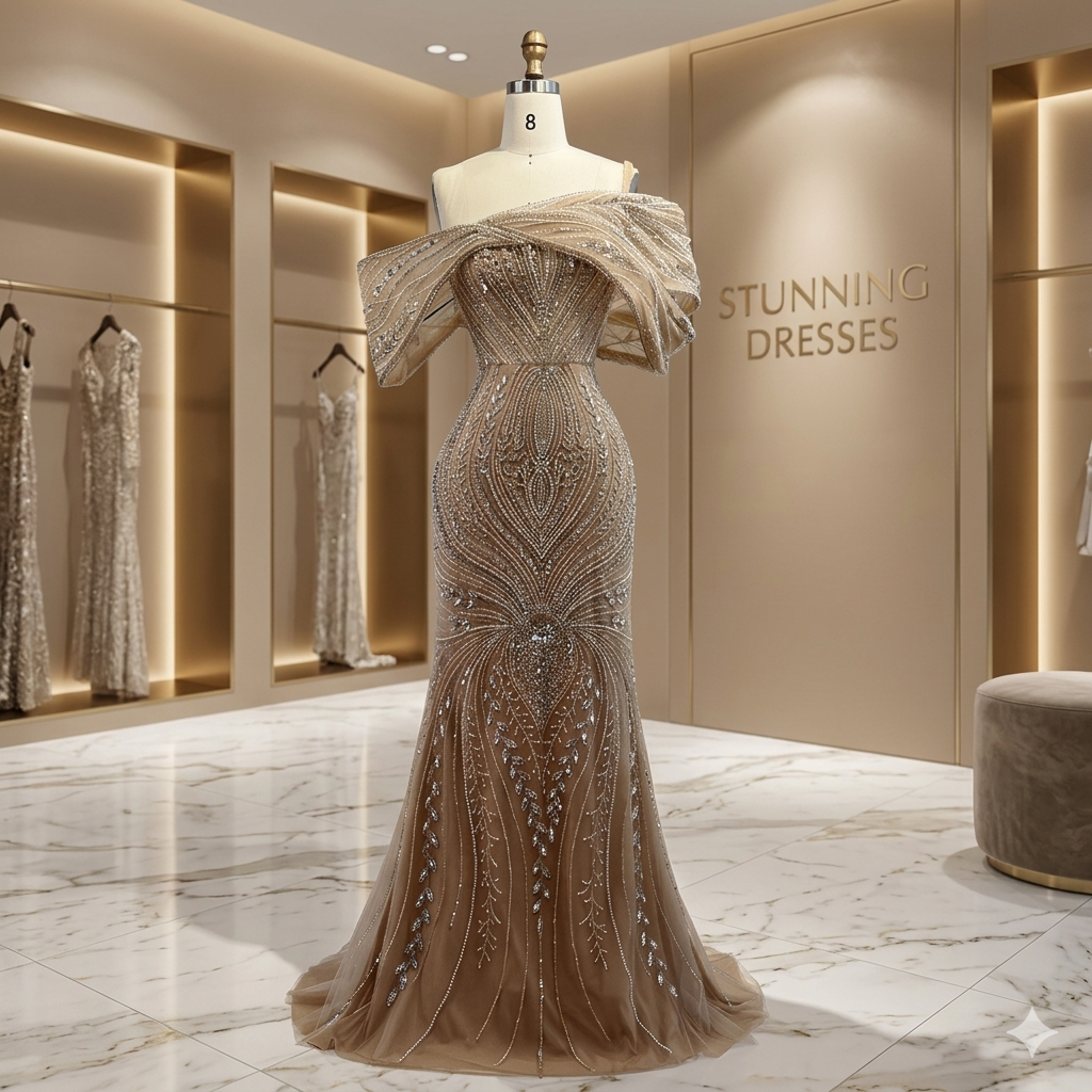 SDE5019 Customized Luxury Off Shoulder Silver Nude Beaded Mermaid Saudi Evening Dress Gown for Formal Occasion