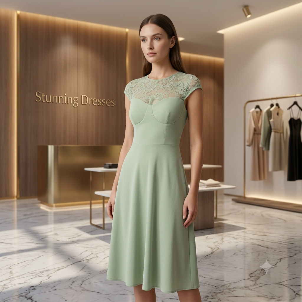 SDD4005 Women's Pink Lace Patchwork Midi Dress – Stand Collar Petal Sleeve Tie Waist Dress UK