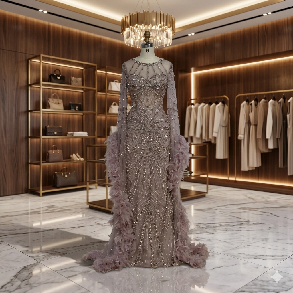 SDE5004 Stunning Customized Caramel Beaded Mermaid Evening Dress with Feather Cuffs for Formal Occasion