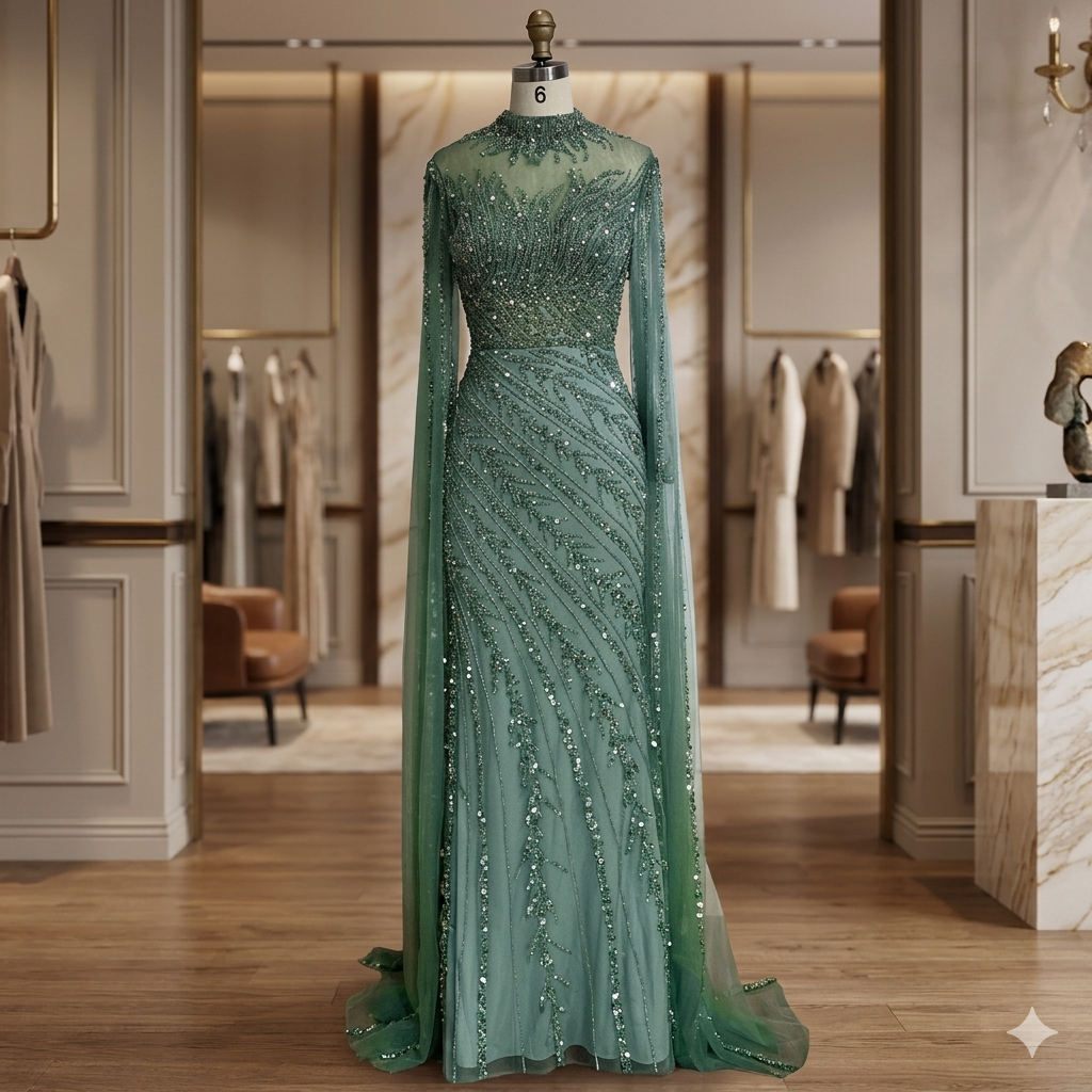 SDE5002 Luxury Nude Cape Sleeve Mermaid Lace Evening Dress – Beaded Dubai Wedding & Party Gown