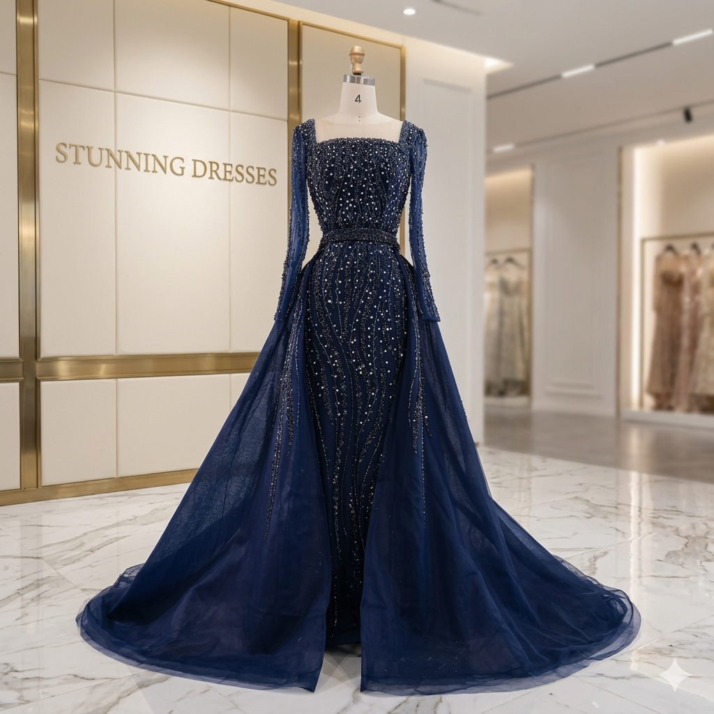 SDE5015 Luxury Arabic Green Mermaid Evening Dress with Overskirt & Beading