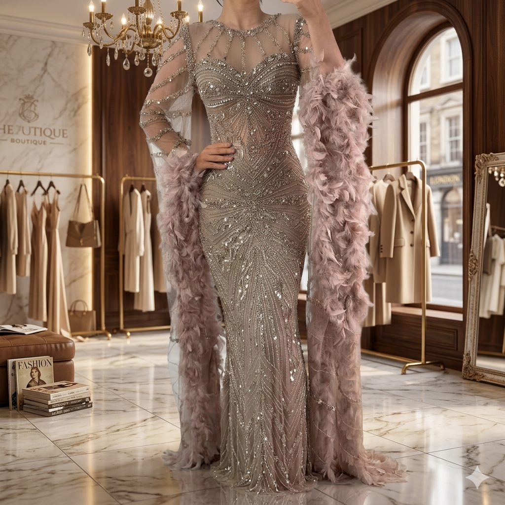 SDE5004 Stunning Customized Caramel Beaded Mermaid Evening Dress with Feather Cuffs for Formal Occasion