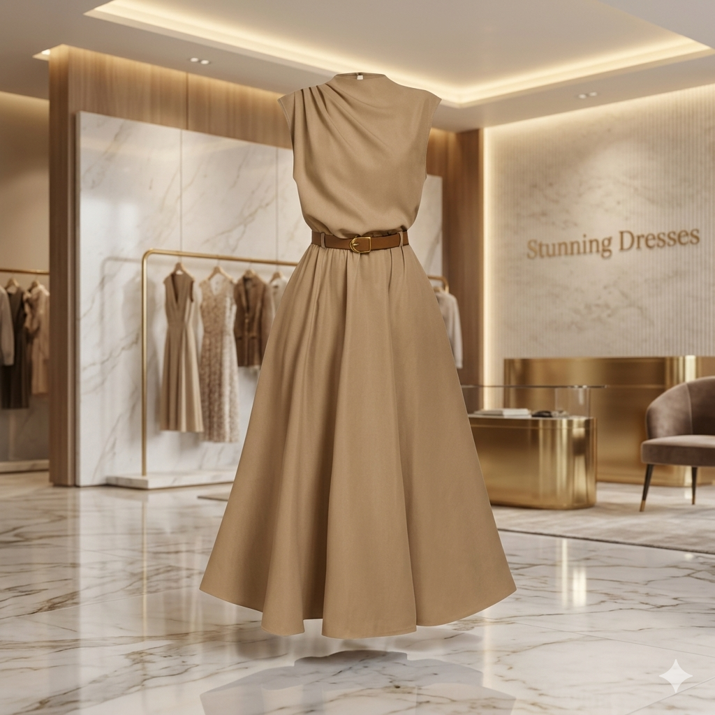 SDD4002 Women's Solid Color Sleeveless Belted Midi Dress – Olive Green Casual Summer Dress UK