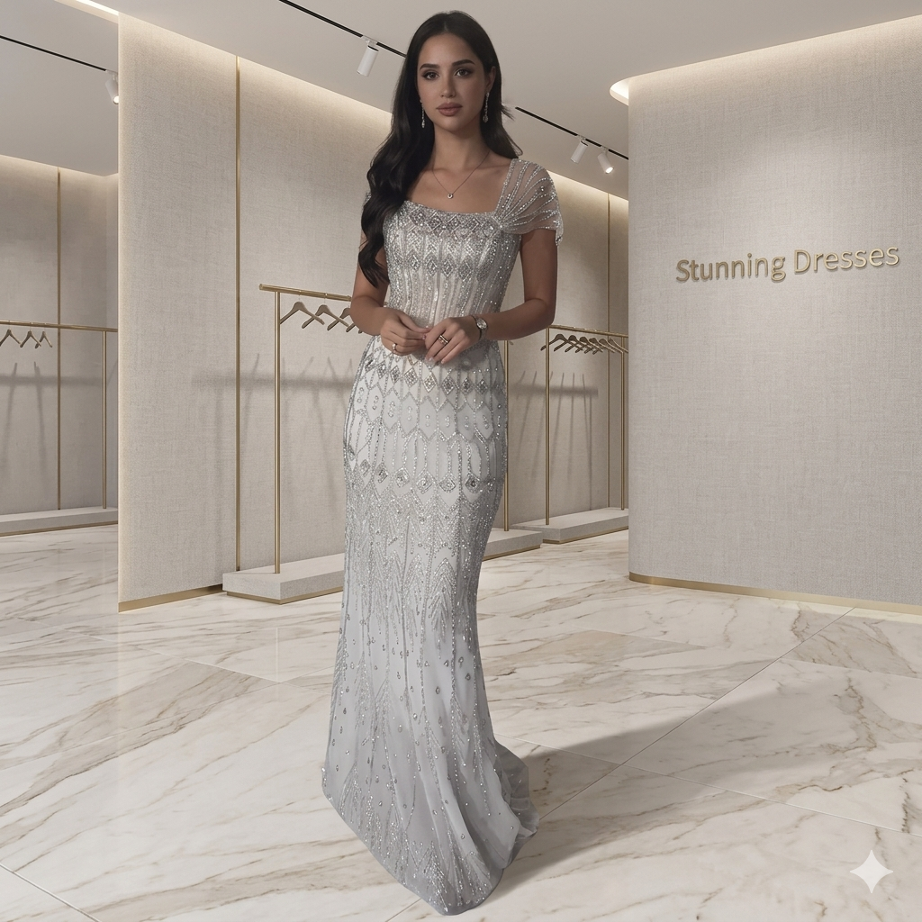 SDE5014 Elegant Arabic White Mermaid Beaded Evening Dress with Short Sleeves | Formal Gown