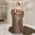 SDE5011 Gold Crystal Beaded Mermaid Evening Dress with Cape | Luxury Formal Gown