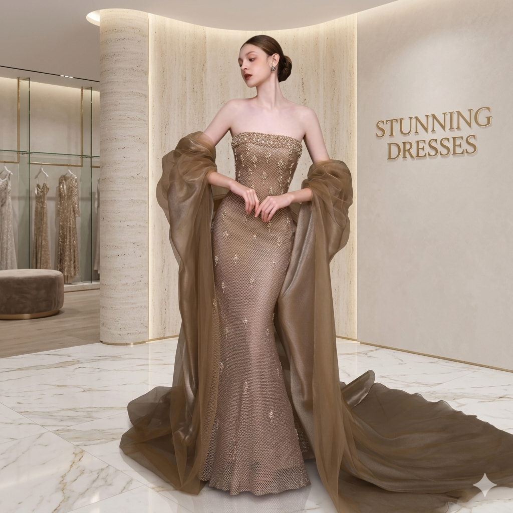 SDE5011 Gold Crystal Beaded Mermaid Evening Dress with Cape | Luxury Formal Gown