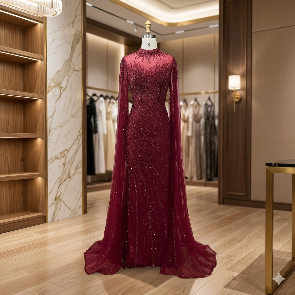 SDE5002 Luxury Nude Cape Sleeve Mermaid Lace Evening Dress – Beaded Dubai Wedding & Party Gown