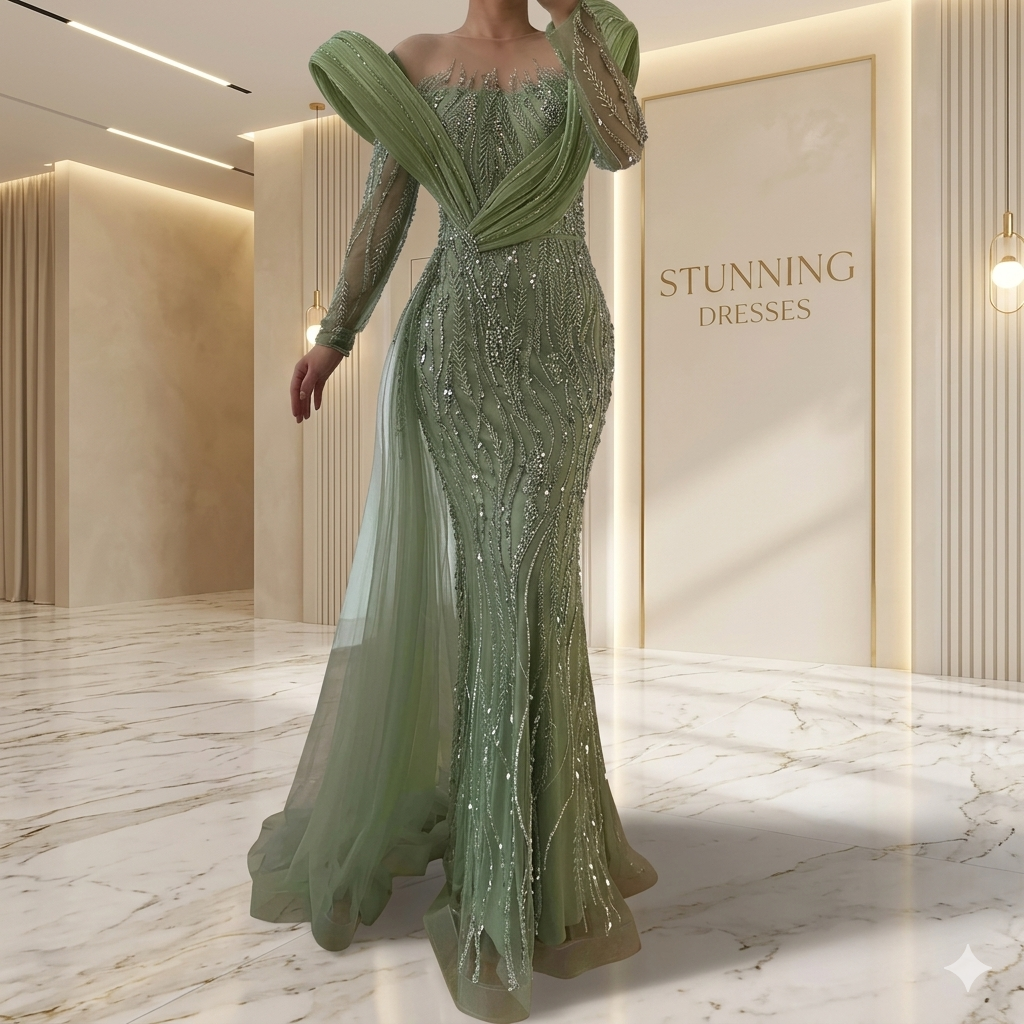 SDE5021 Elegant Beaded Sage Green Evening Dress Gown with Flowing Hem