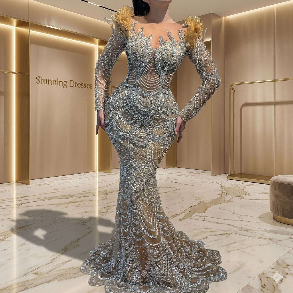 SDE5016 Evening Dress Luxury Nude Beaded Mermaid Gown with Feather Long Sleeves for Women Party