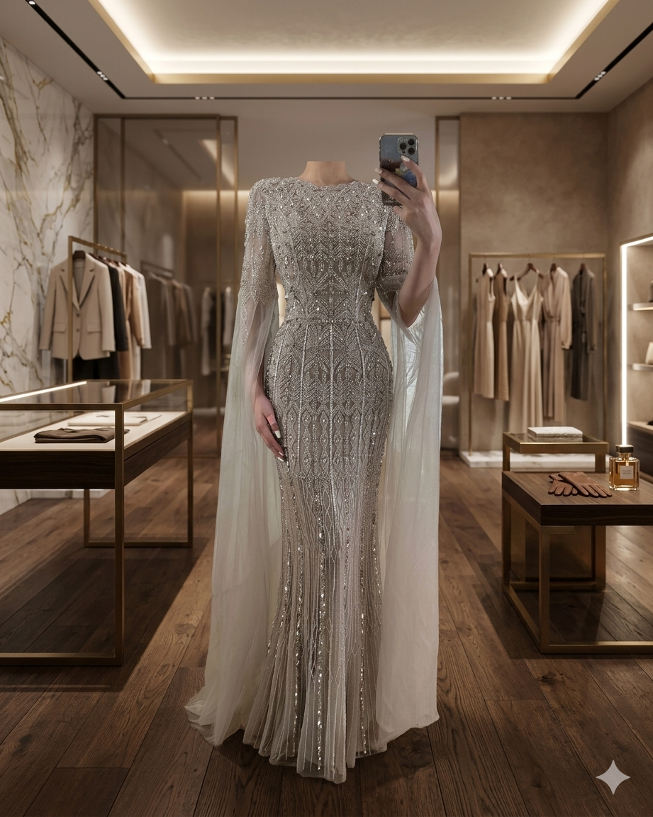 SDE5007 Luxury Saudi Arabia Caramel Mermaid Evening Gown with Cape Sleeves | Formal Dress