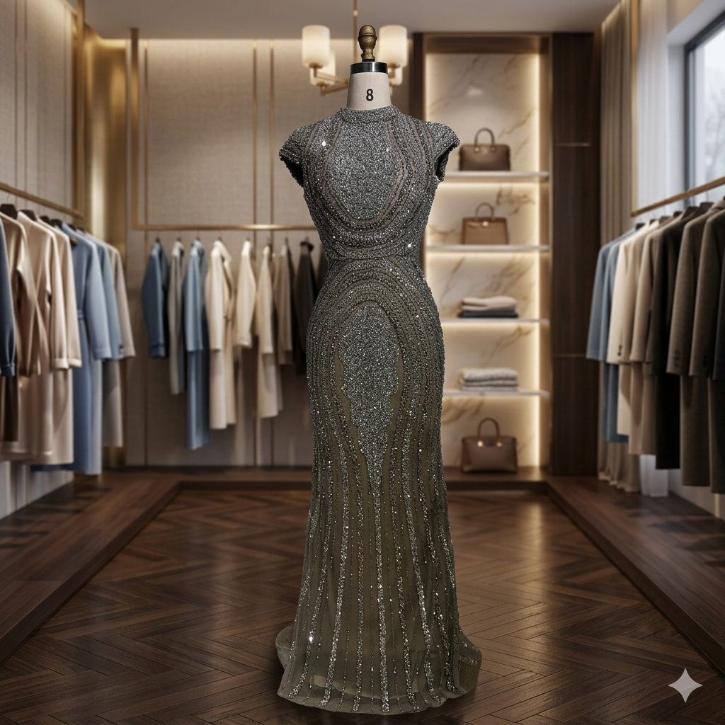 SDE5003 Stunning Arabic Dubai Gray Nude Mermaid Floor Length Beaded Luxury Evening Dress Gown for Wedding Party | Custom Formal Dress