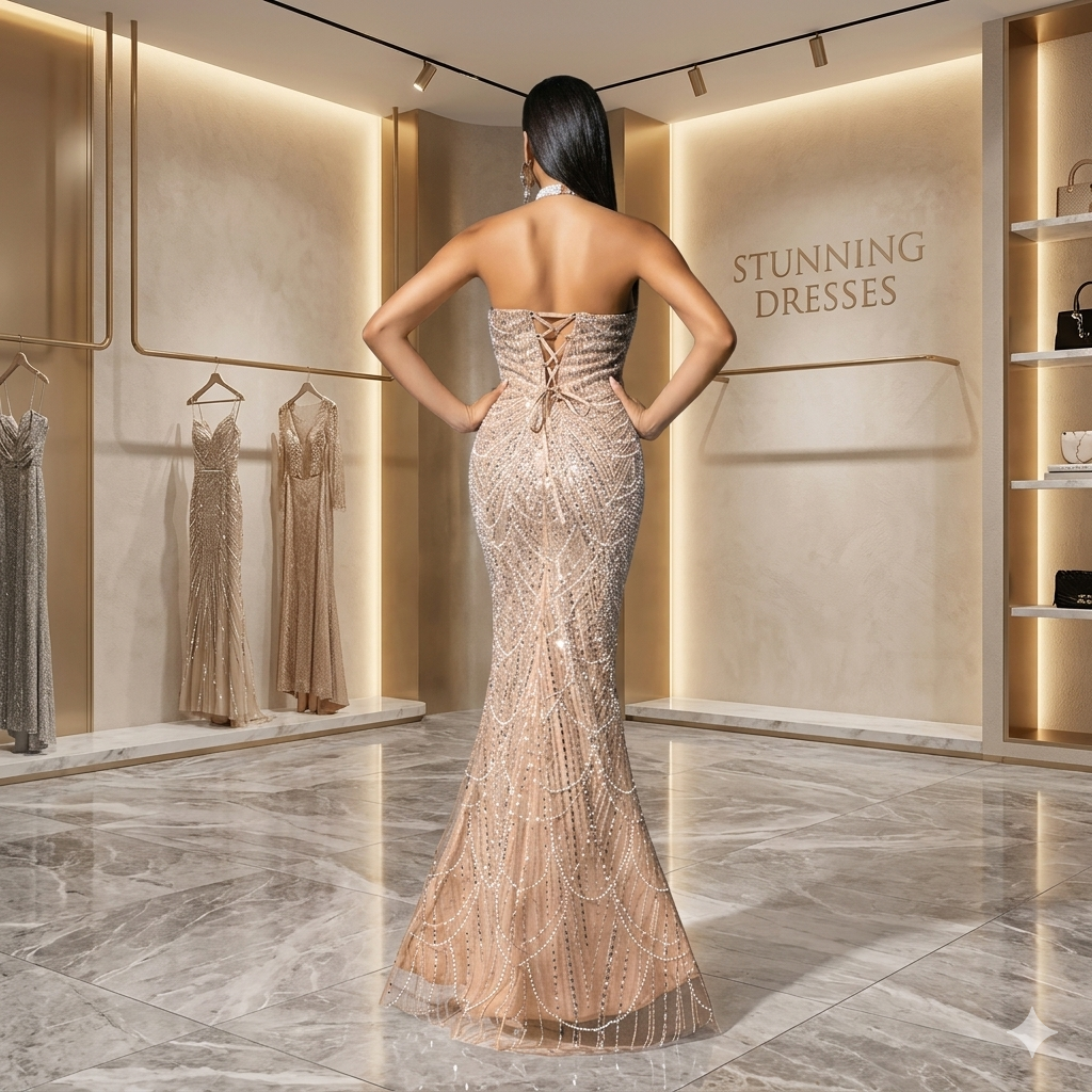 SDE3232 Elegant Beaded Sequin Halter Mermaid Evening Gown for Women | Maxi Dress