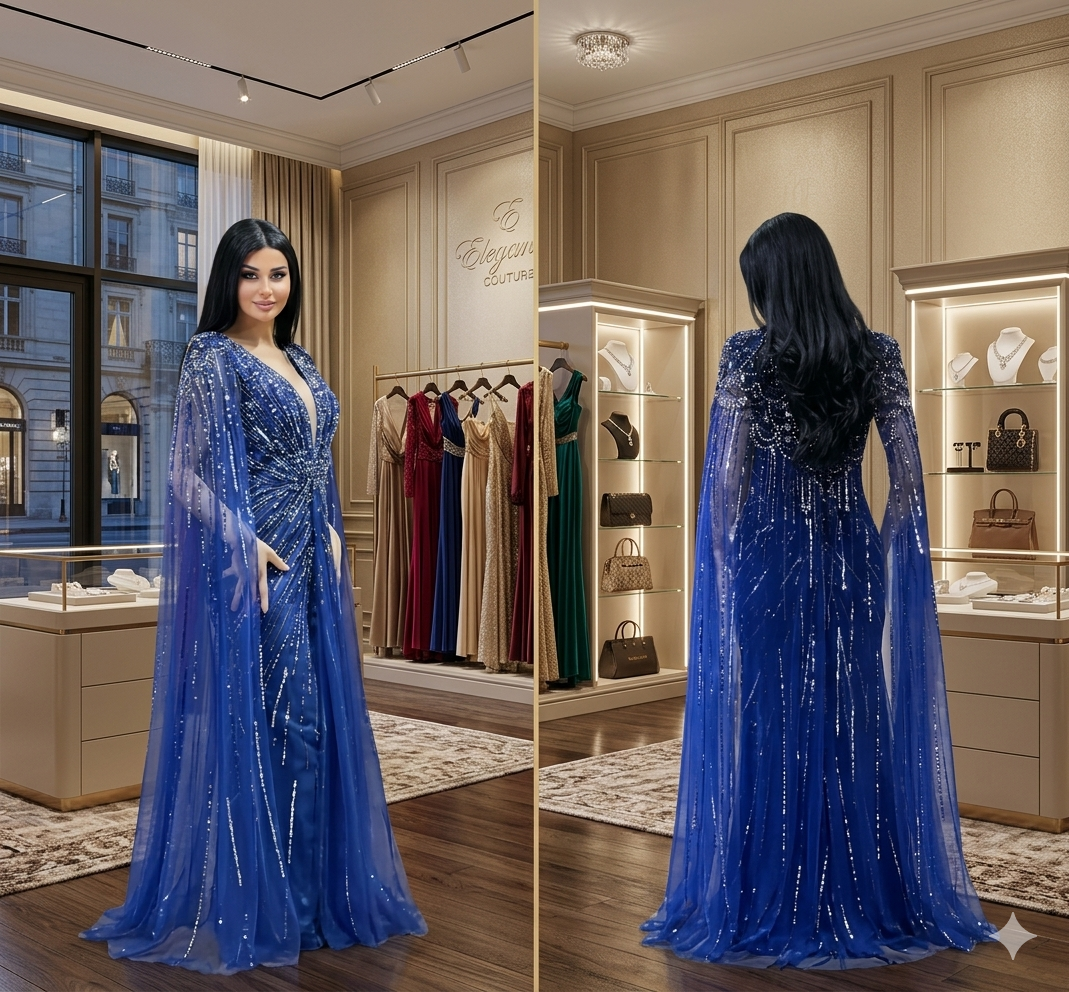SDE5001  Stunning Dresses Turquoise Mermaid Evening Dress 2025 – Beaded Cape Sleeve Gown for Wedding & Party