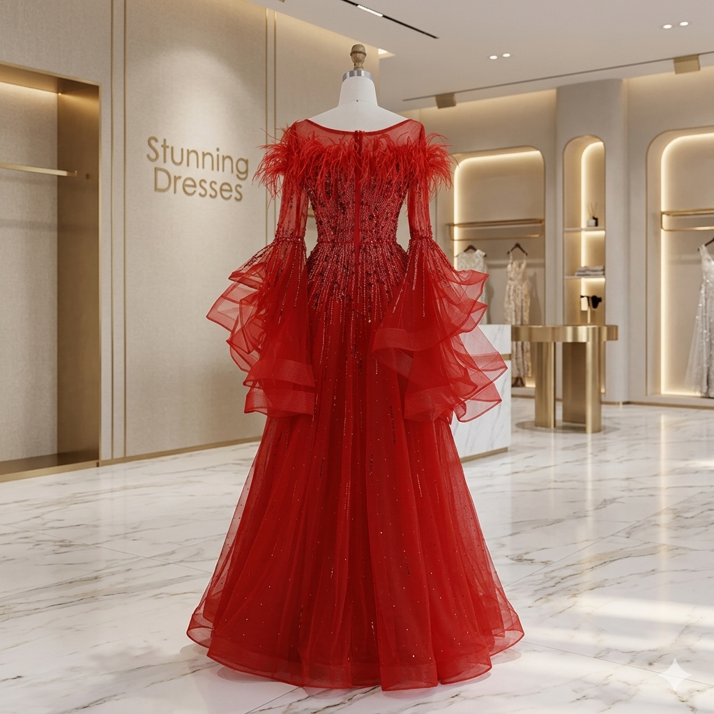 SDE5018 Luxury Red Feathered A-Line Evening Dress with Beaded Bodice & – Stunning Dresses