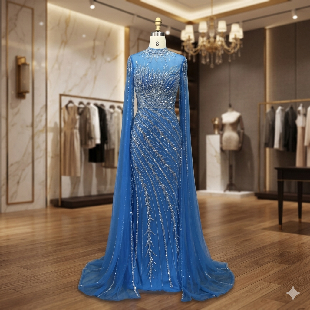 SDE5002 Luxury Nude Cape Sleeve Mermaid Lace Evening Dress – Beaded Dubai Wedding & Party Gown