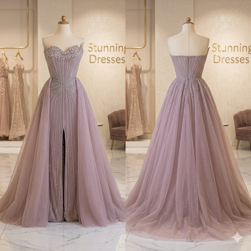 SDE5013 Luxury Pink Crystal Beaded Saudi Mermaid Evening Dress with Overskirt