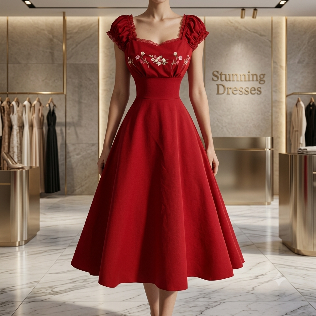 SDD4006 Women's Black Embroidered Shell Sleeve Midi Dress – Vintage Wedding Guest Dress UK
