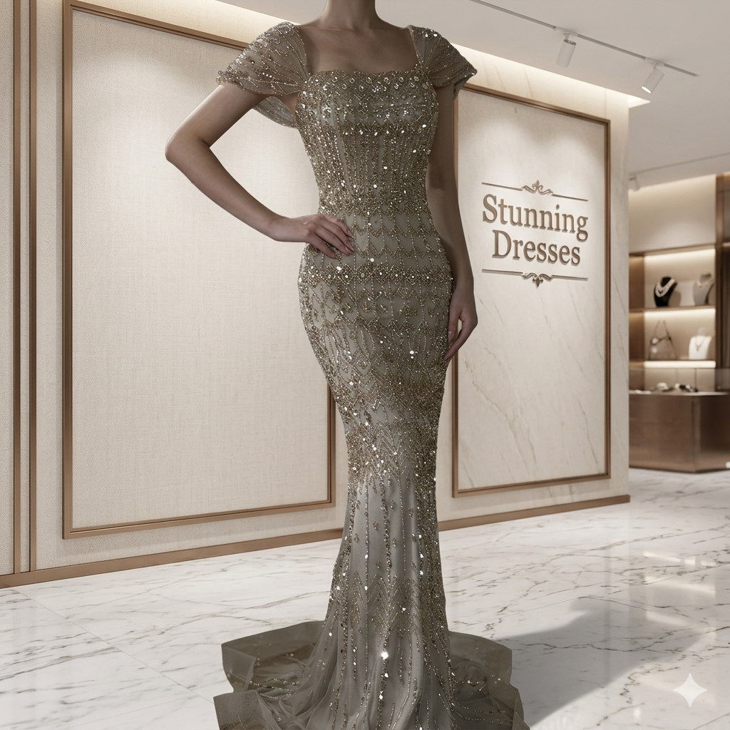 SDE5014 Elegant Arabic White Mermaid Beaded Evening Dress with Short Sleeves | Formal Gown