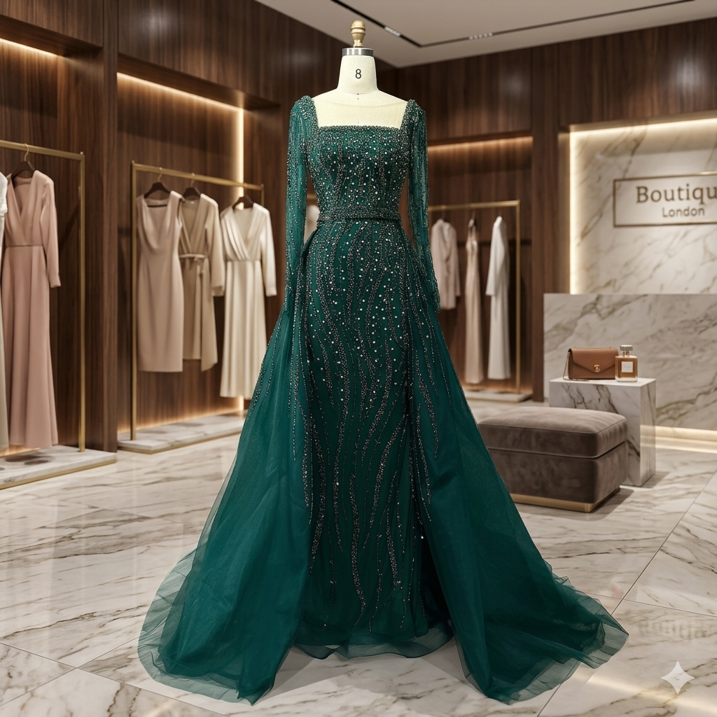 SDE5005 Stunning Arabic Green Overskirt Mermaid Beaded Evening Dress Luxury Gown for Formal Occasion | Custom Made
