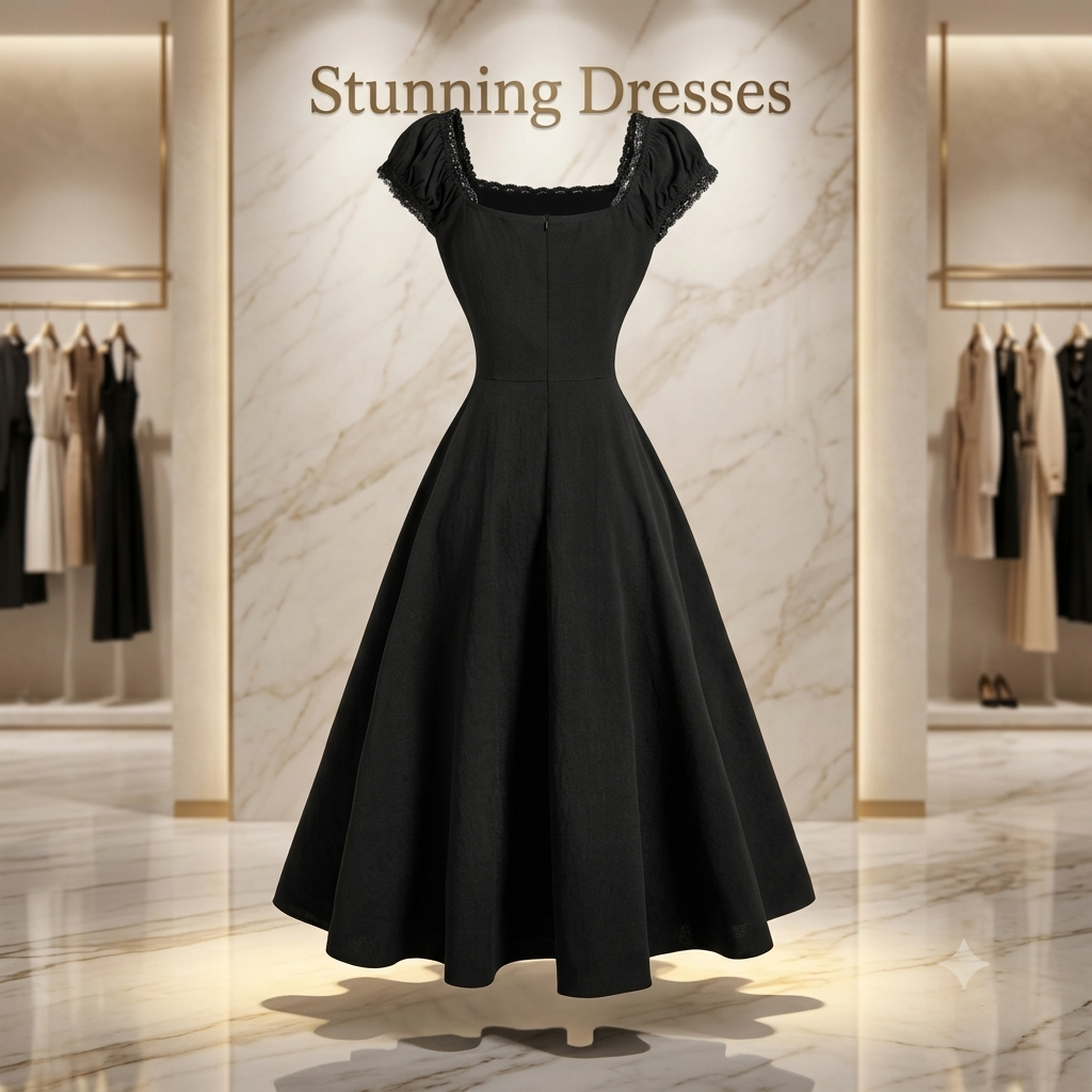 SDD4006 Women's Black Embroidered Shell Sleeve Midi Dress – Vintage Wedding Guest Dress UK