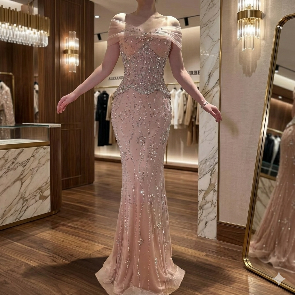 SDE5006 Stunning Luxury Nude Beaded Mermaid Evening Dress for Women Party | Customized Formal Gown